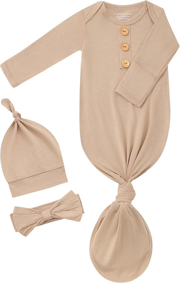 Newborn Knotted Gown, Soft Breathable Baby Sleep Gown with Hat & Headband