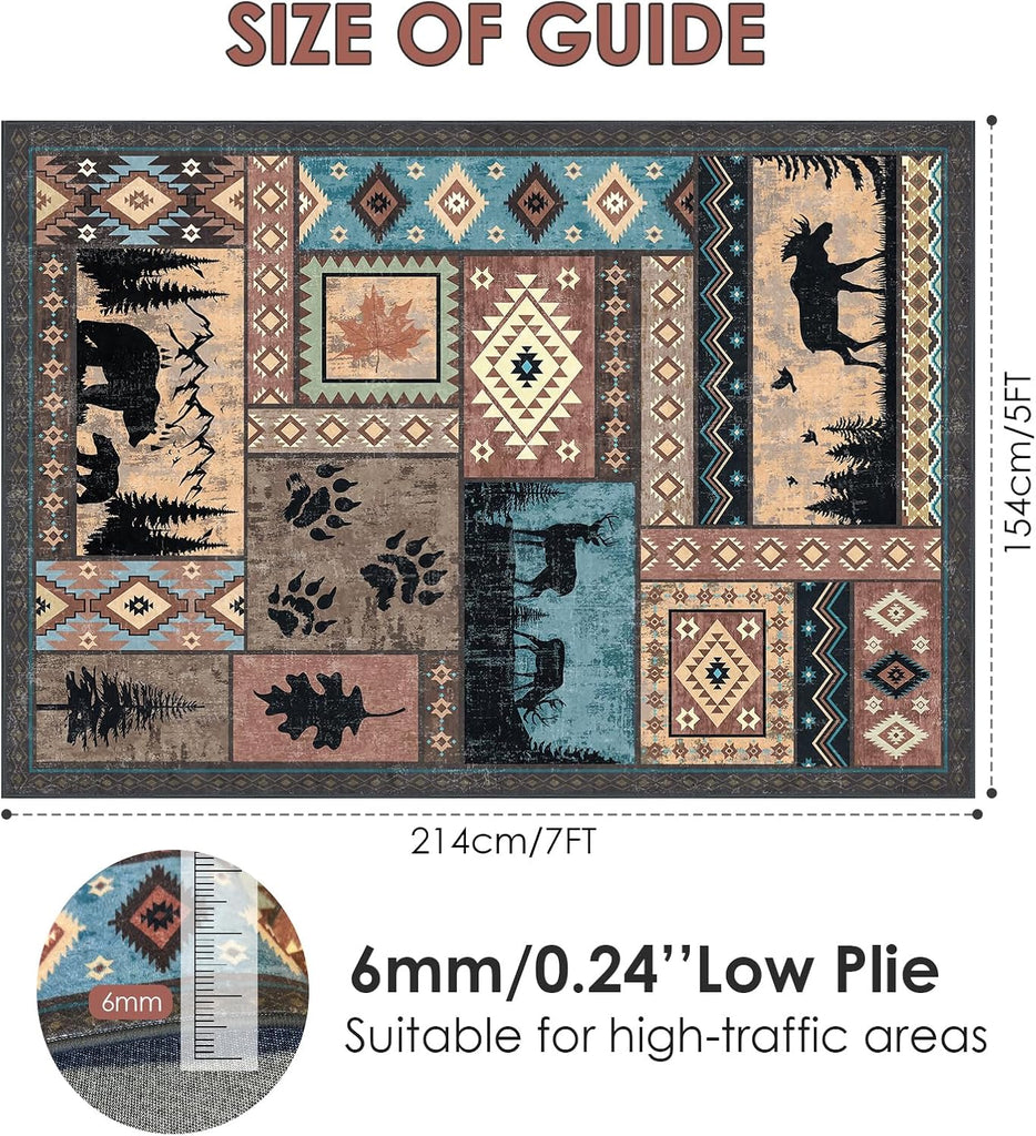 Rustic Cabin Area Rug, Washable Southwestern Country Lodge Bear Rug, Non-Slip Low Pile Wildlife Animal Carpet