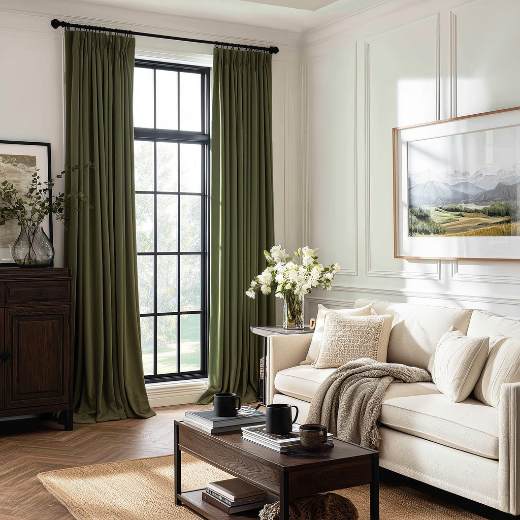 Olive Green Velvet Blackout Curtains 84 Inches 2 Panels Forest Green Elegant Vintage Pinch Pleated Drapes Bedroom