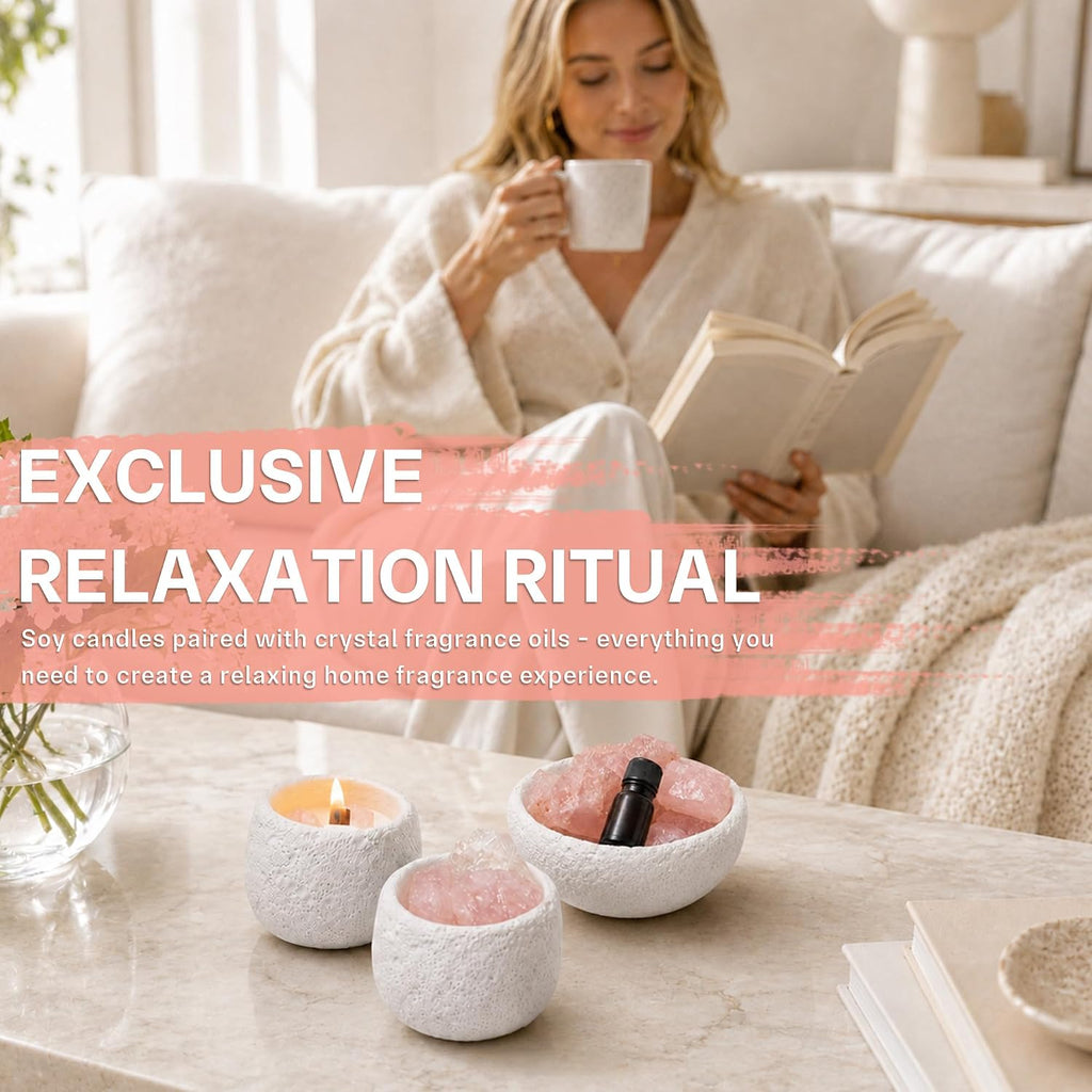 Pink Quartz Crystal Essential Oil Diffuser & Candle Set - Soy Wax Candle, Crystal Diffuser Stones & 10ml Essential