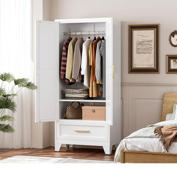 71" Tall Metal Wardrobe with Doors, Hanging Rod & Adjustable Shelf, Freestanding Steel Armoire Home Office, 1-Drawer