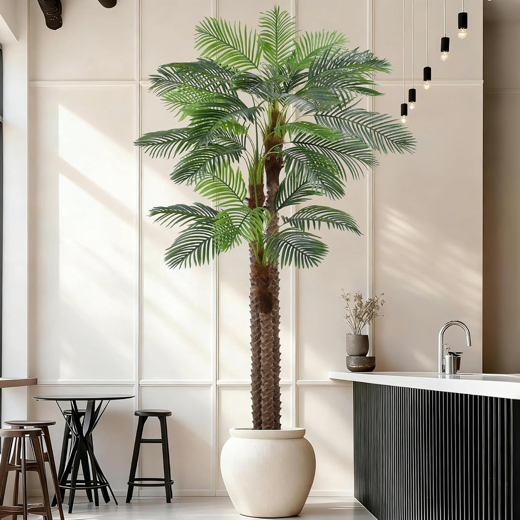 Artificial Triple Phoenix Palm Tree 9FT with 31 Leaves & Real Bark Tropical Coconut Areca Sago Palm Tall Large Faux