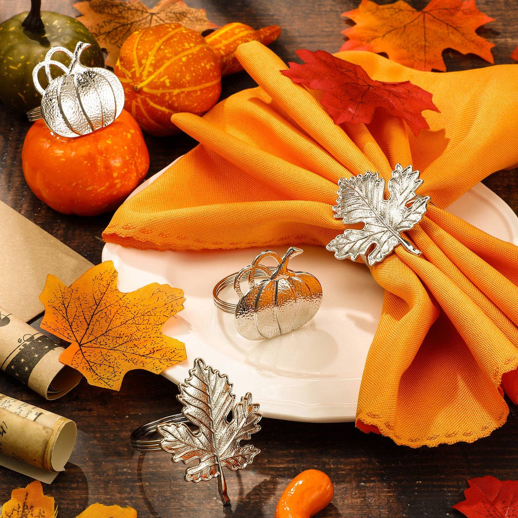 12 Pcs Silver Fall Napkin Ring Set Maple Leaf Pumpkin Napkin Holder
