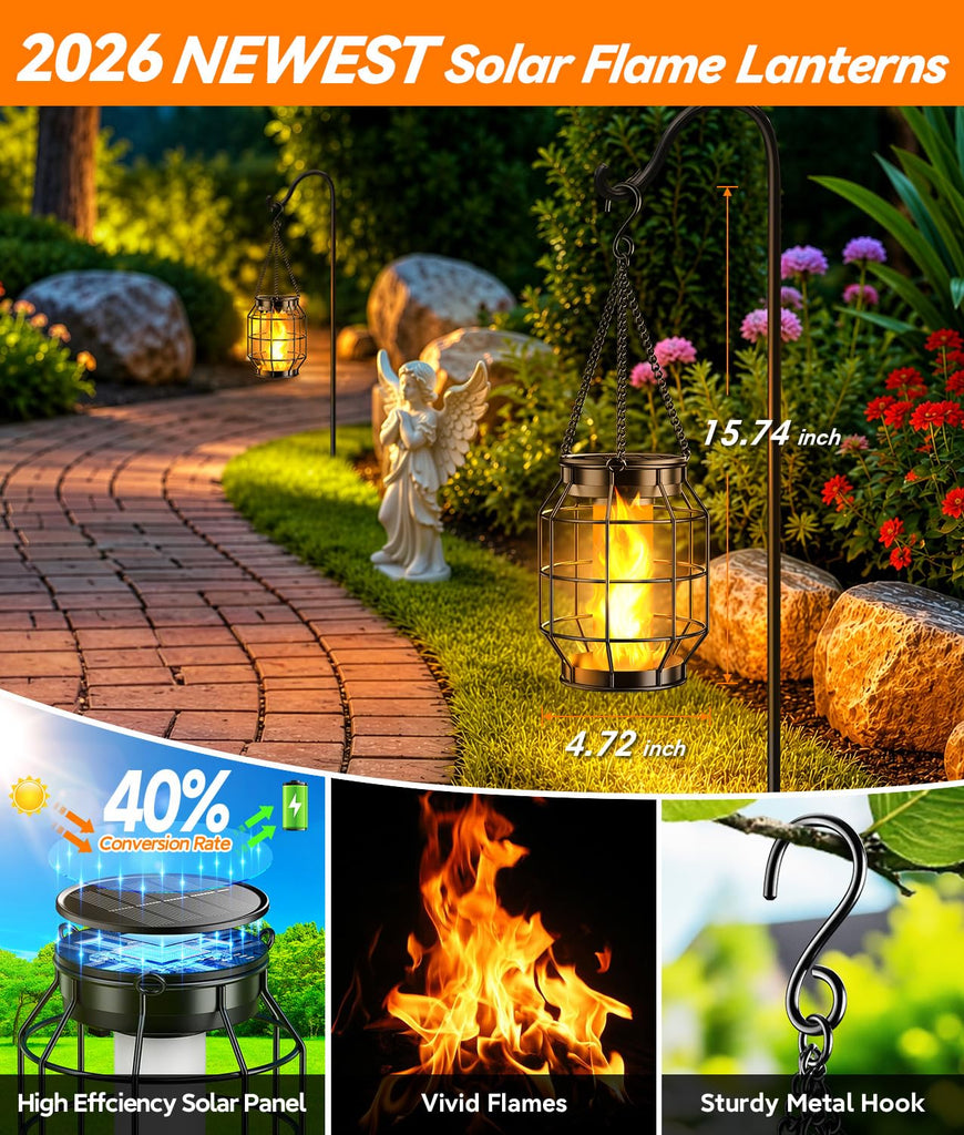 Solar Lanterns Outdoor Waterproof, 4 Pack Upgraded Flickering Flame Hanging Solar Lights Outdoor Decorative, Metal