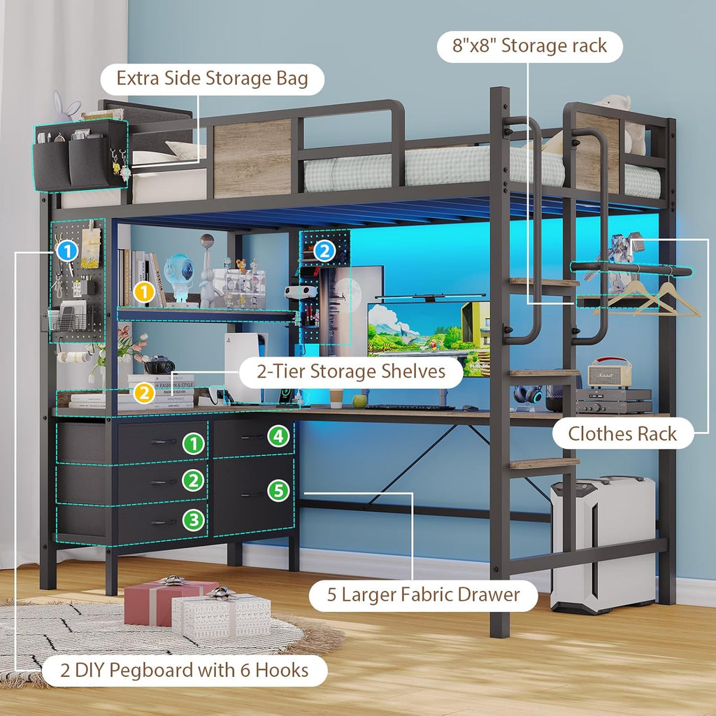 Twin Loft Bed with Desk and 5 Storage Drawers,Loft Bed Twin with LED Lights and Charging Station