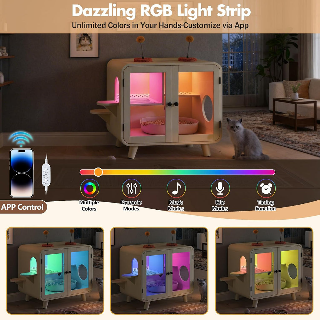 Cat Hidden Litter Box Enclosure with RGB LED Light, TV-Style Cat Litter Box Furniture Cabinet with Glass Doors, Side