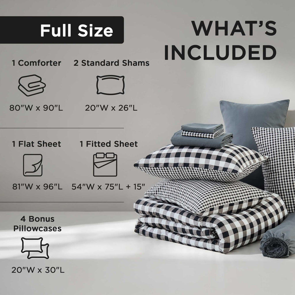 Gingham Comforter Set-Bed in A Bag 9 Pieces Bedding Set with Reversible Plaid Design, Warm & Cozy Bed Set