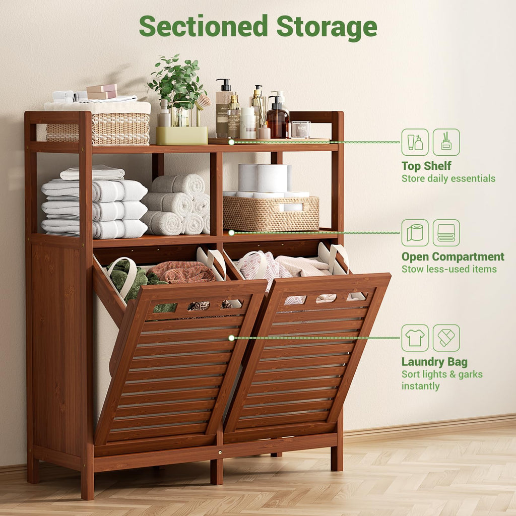 Bamboo Double Tilt Out Laundry Hamper Cabinet with 2 Bags, Walnut