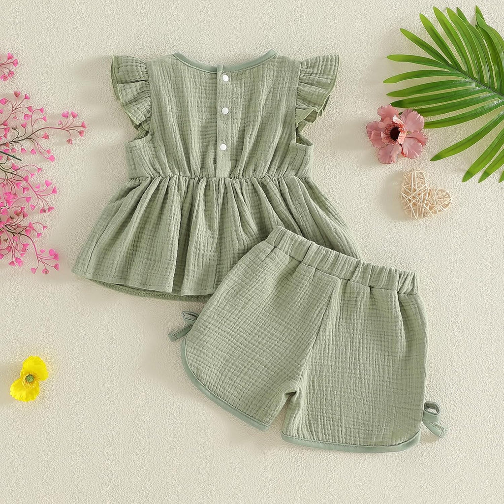 Toddler Baby Girl Summer Clothes Fly Sleeve Solid Color Tops and Shorts Sets 2 Piece Infant Outfits
