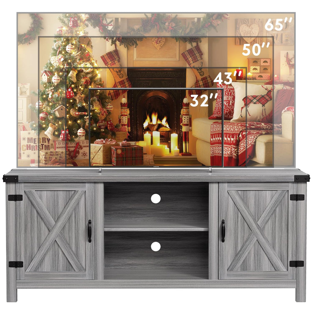Modern Farmhouse TV Stand with Barn Door for 65 Inch TV, Gray Wash