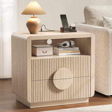 23" Wide Fluted Nightstand, Mid Century Bedside Table with Charging Station, Wood End Table with 2 Drawers and Open