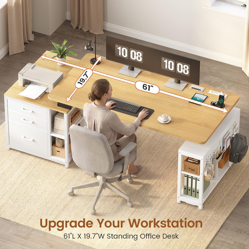 Electric Standing Desk with 3 Fabric Drawers, 61" Height Adjustable Office Executive Desk with Storage Drawers, Stand