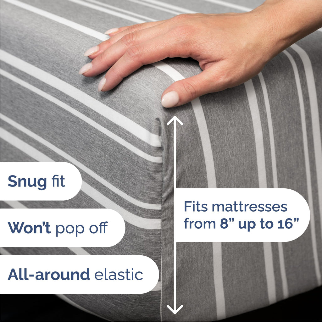 Queen Size 4 Piece Sheet Set - Breathable & Cooling Sheets - Grey Stripes