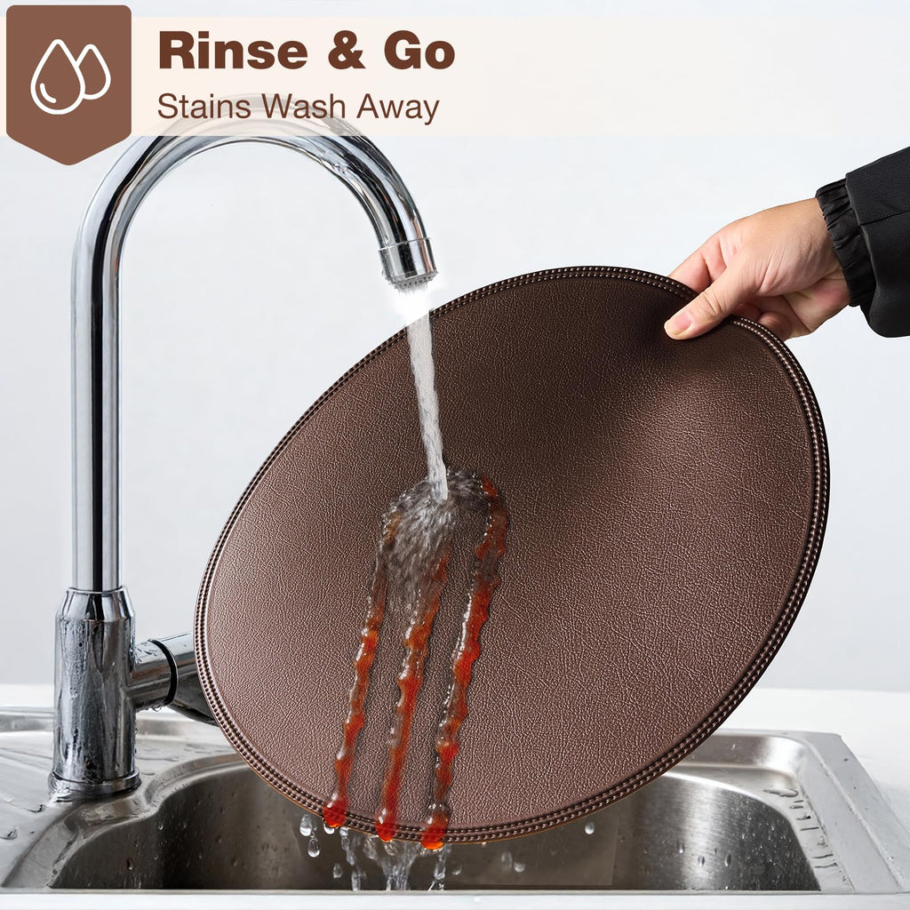 Round Vinyl Brown Placemats Set of 6, Faux Leather Waterproof Wipeable Heat Resistant Place Mats, Washable Table Mats