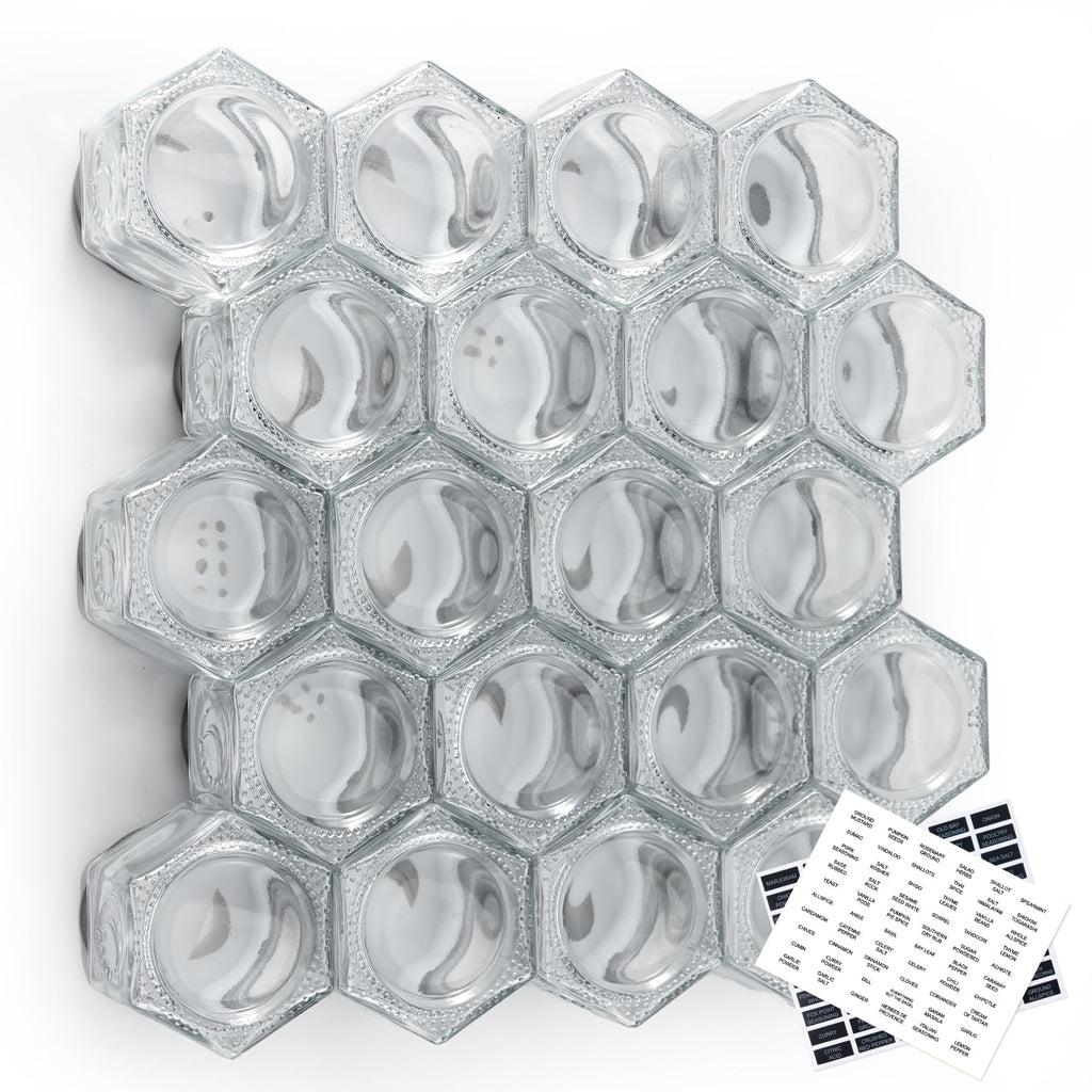 Set of 20 Large 4oz Magnetic Spice Jars for Refrigerator, Hexagon Glass Magnetic Spice Jars with Shaker Lids