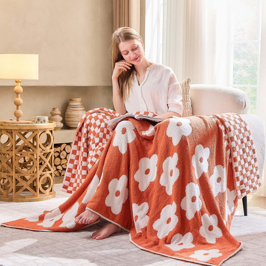 Checkered Throw Blanket, Orange Flower Blanket for Couch, 50"x60" Soft Plaid Knit Blanket Decor, Reversible