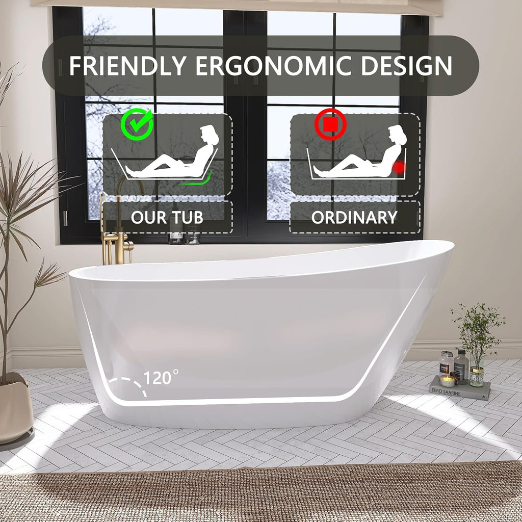 59" Free Standing Tub, Pure Acrylic Freestanding Bathtub, Stylish Stand Alone Contemporary Deep Soaking Bath Tub
