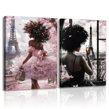 African American Woman Paris Wall 2 Panel Elegant Girl And Eiffel Tower Canvas Print Blakc Pink Bedroom Home Wall