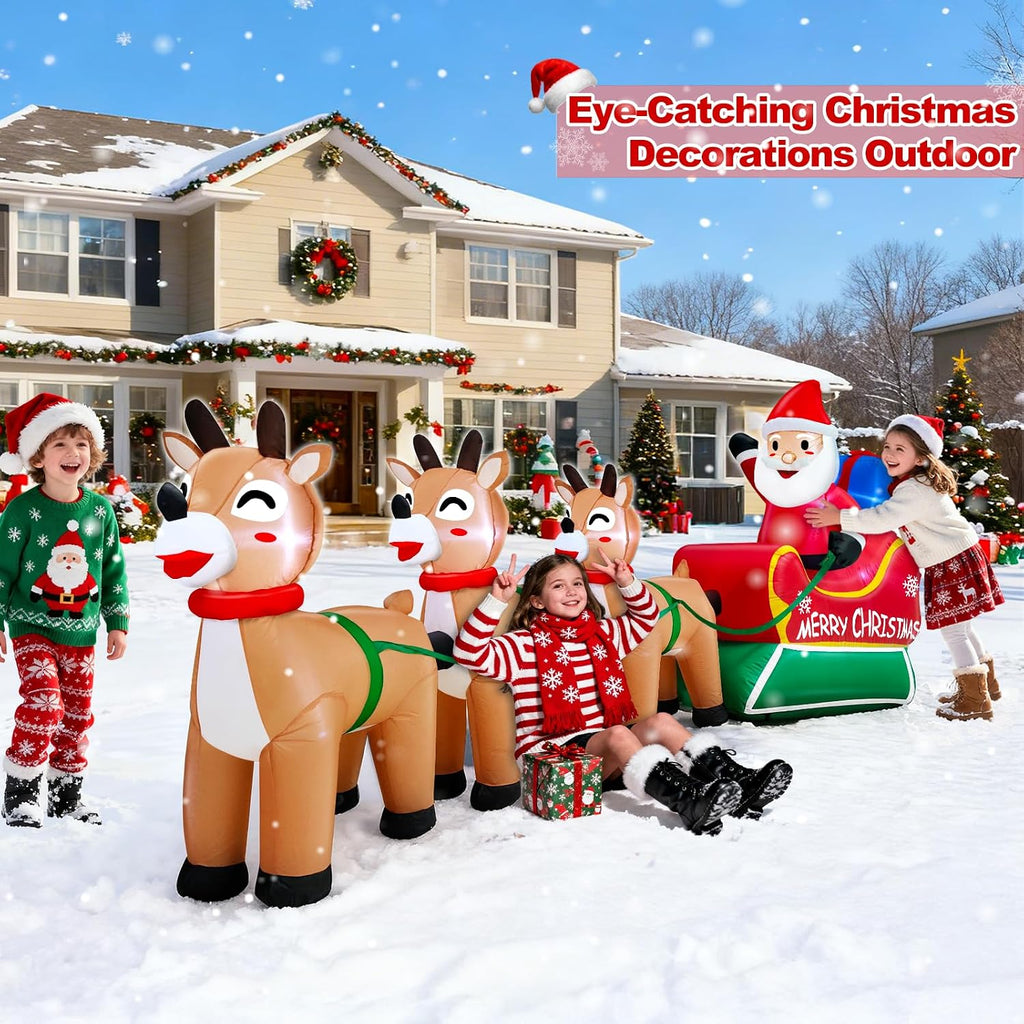 12 Feet Long Christmas Inflatables Santa Claus with Three Reindeer Built-in LED Lights, Blow Up Christmas Outdoor