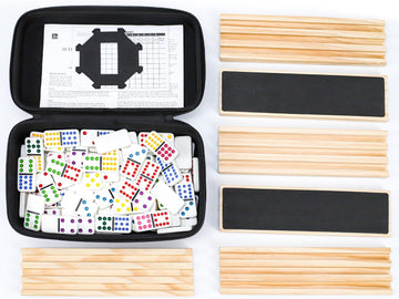 Double 12 Jumbo Dominoes Tiles Set for Adults Mexican Train - 91 Colored Dot Domino Tiles with 4 Wooden Racks, Center - Set of 91