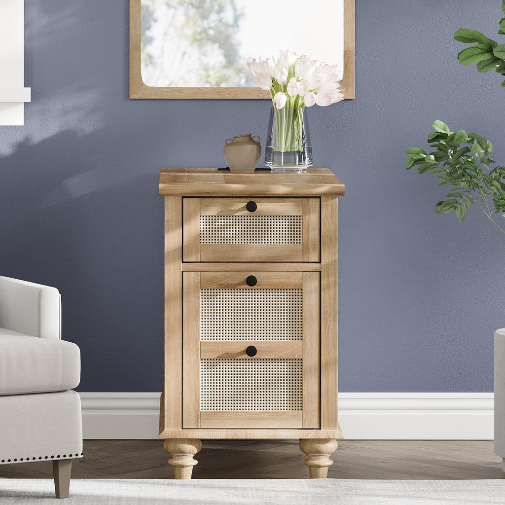 Tall Side Table with Charging Station, Rattan Night Stand with Drawer & Cabinet, Narrow Wooden with Power Outlets &