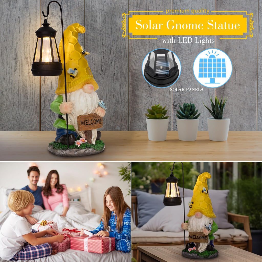 Solar Garden Gnome Statue with Lantern - Hand-Painted Resin Gnome Decor, IP44 Waterproof Outdoor Figurine for Yard