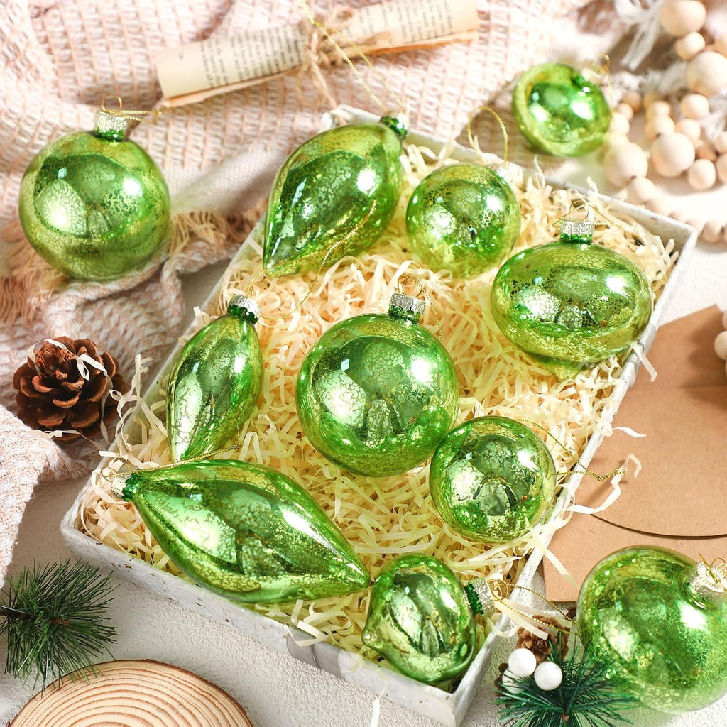 12 Pcs Lime Green Mercury Glass Christmas Ball Ornaments Vintage