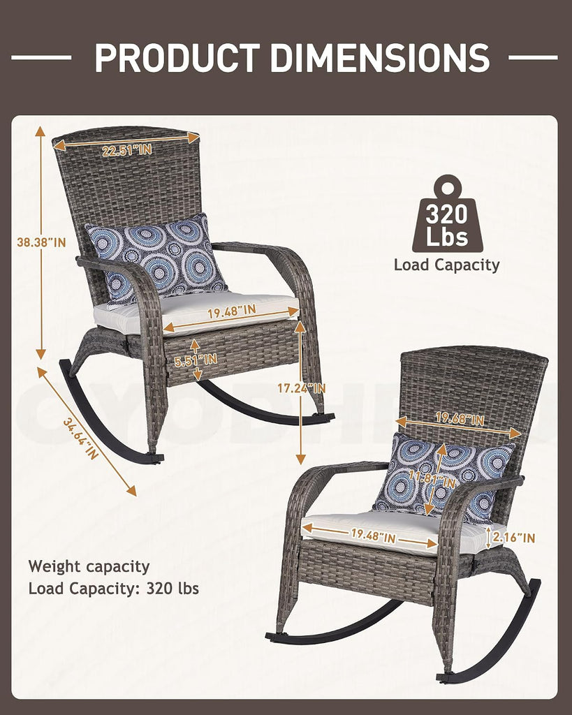 Outdoor Rocking Chair, Patio Rattan Rocker Chair with Cushions & Steel Frame, All Weather Porch Rocking Chair for