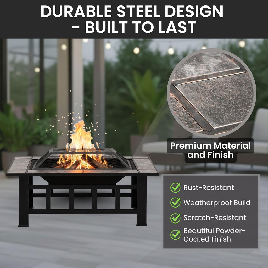 Fire Pit Set, Wood Burning Pit -Includes Screen, Cover and Log Poker