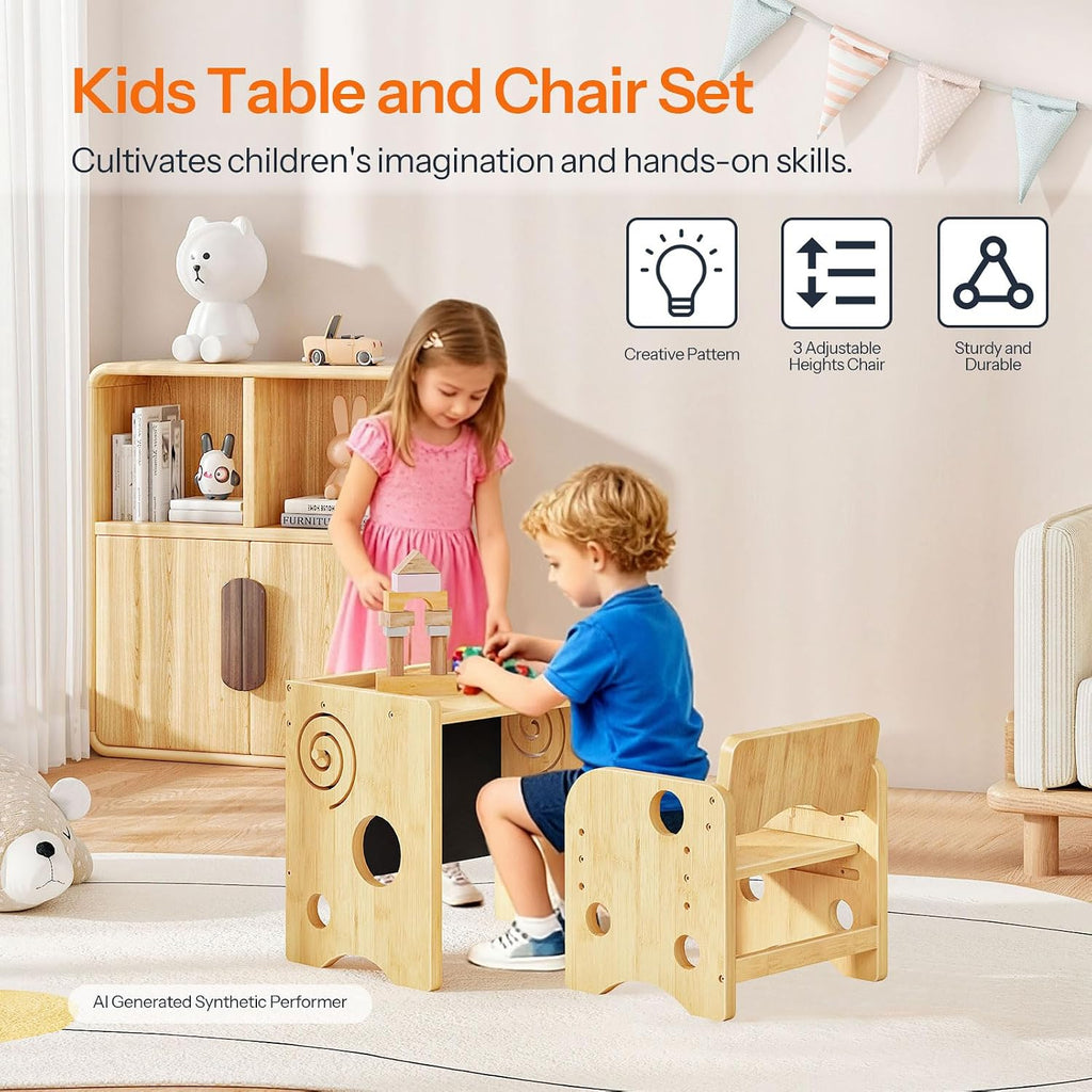 Toddler Table and Chair Set, Bamboo Kids Table and Chair Set with Chalkboard, 3 in 1 Baby Table and Chair for Ages