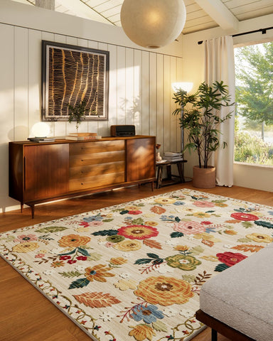 5x7 Washable Vintage Floral Area Rug, Low Pile Non-Slip Faux Wool Carpet for Living Room Bedroom