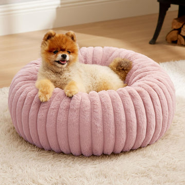 ComfyFleece Donut Small Dog Bed - Dog Beds for Small Dogs with Corduroy Fleece & Anti Slip Bottom, Round Faux Fur