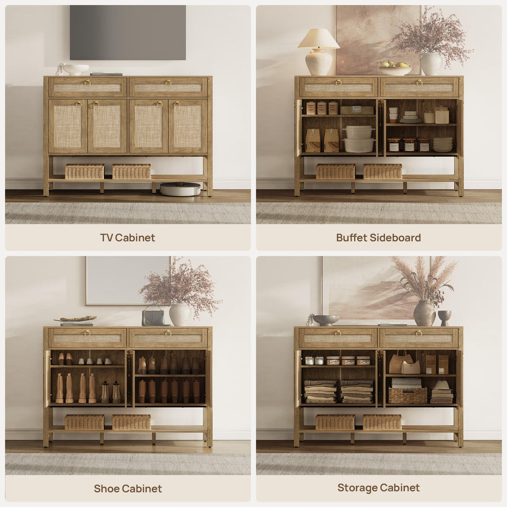 Rattan Sideboard Buffet Cabinet with 2 Drawers, 4 Doors, Credenza