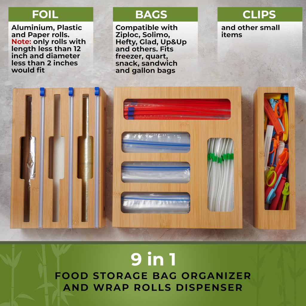 Kitchen Drawer Organizer, 9" 1 Sandwich Storage Bag Organizer & Foil Wrap