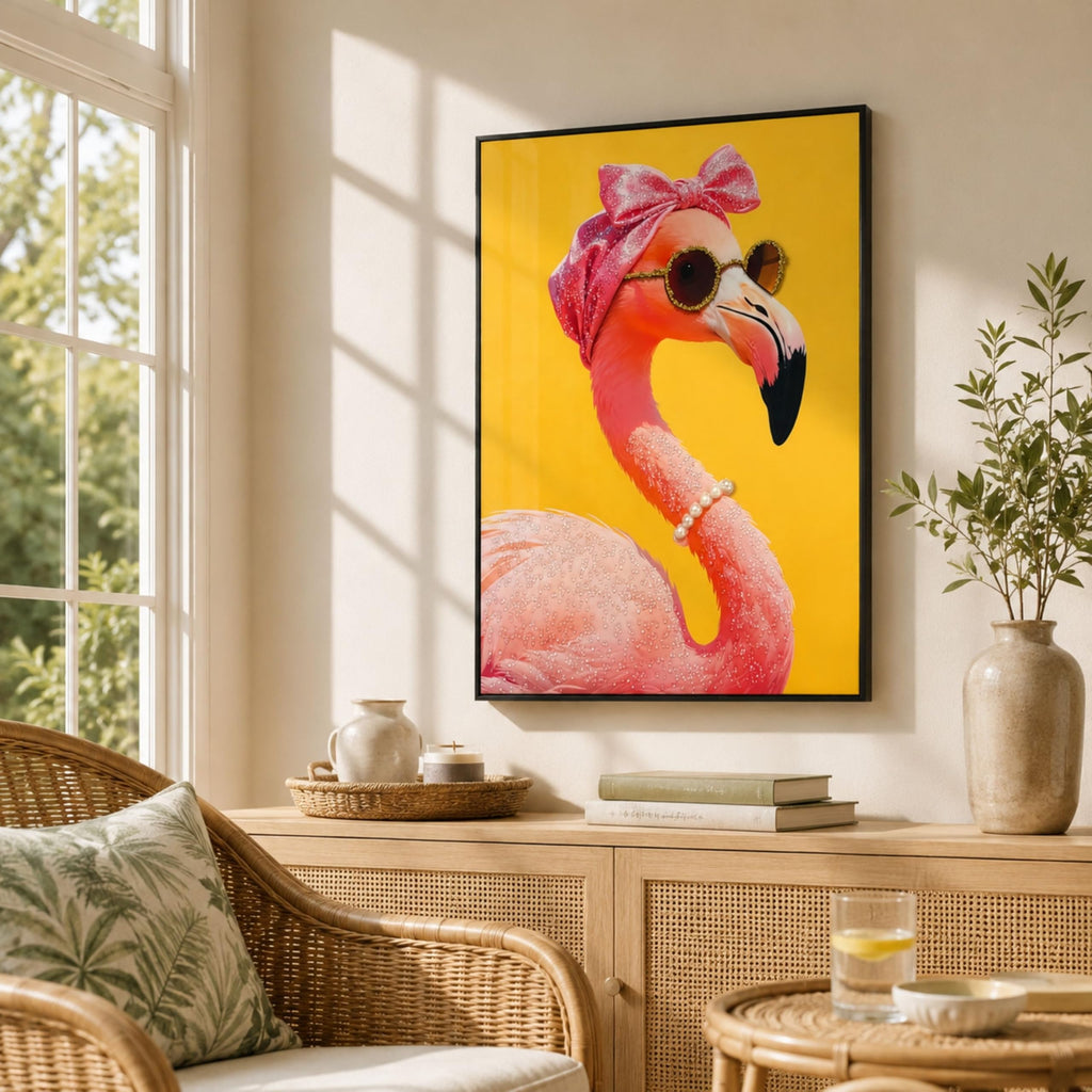 Framed Flamingo Wall Art, 3D Raised Crystal Accent Portrait, 19.7 x 27.6 in