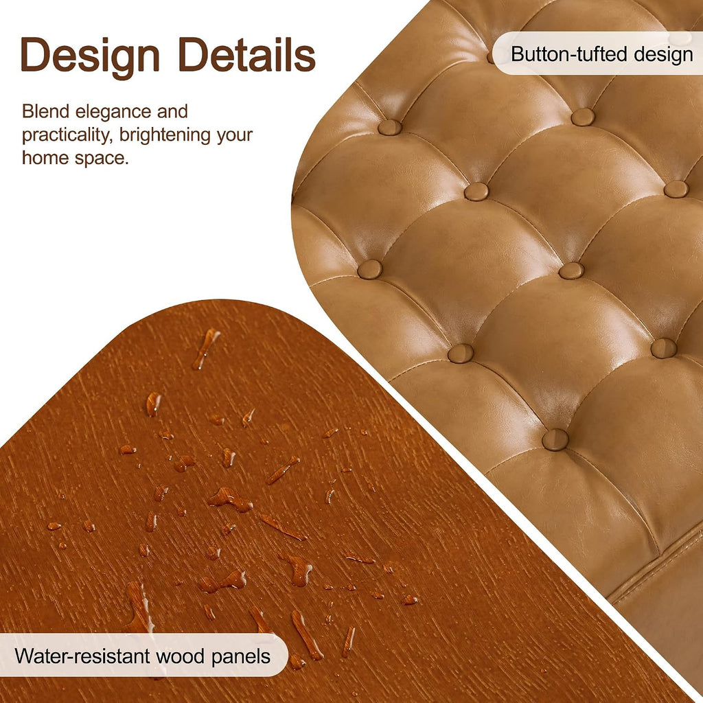 24" Faux Leather Square Storage Ottoman with Wooden Tray, Modern Tufted Button Footstool Coffee Table, Upholstered