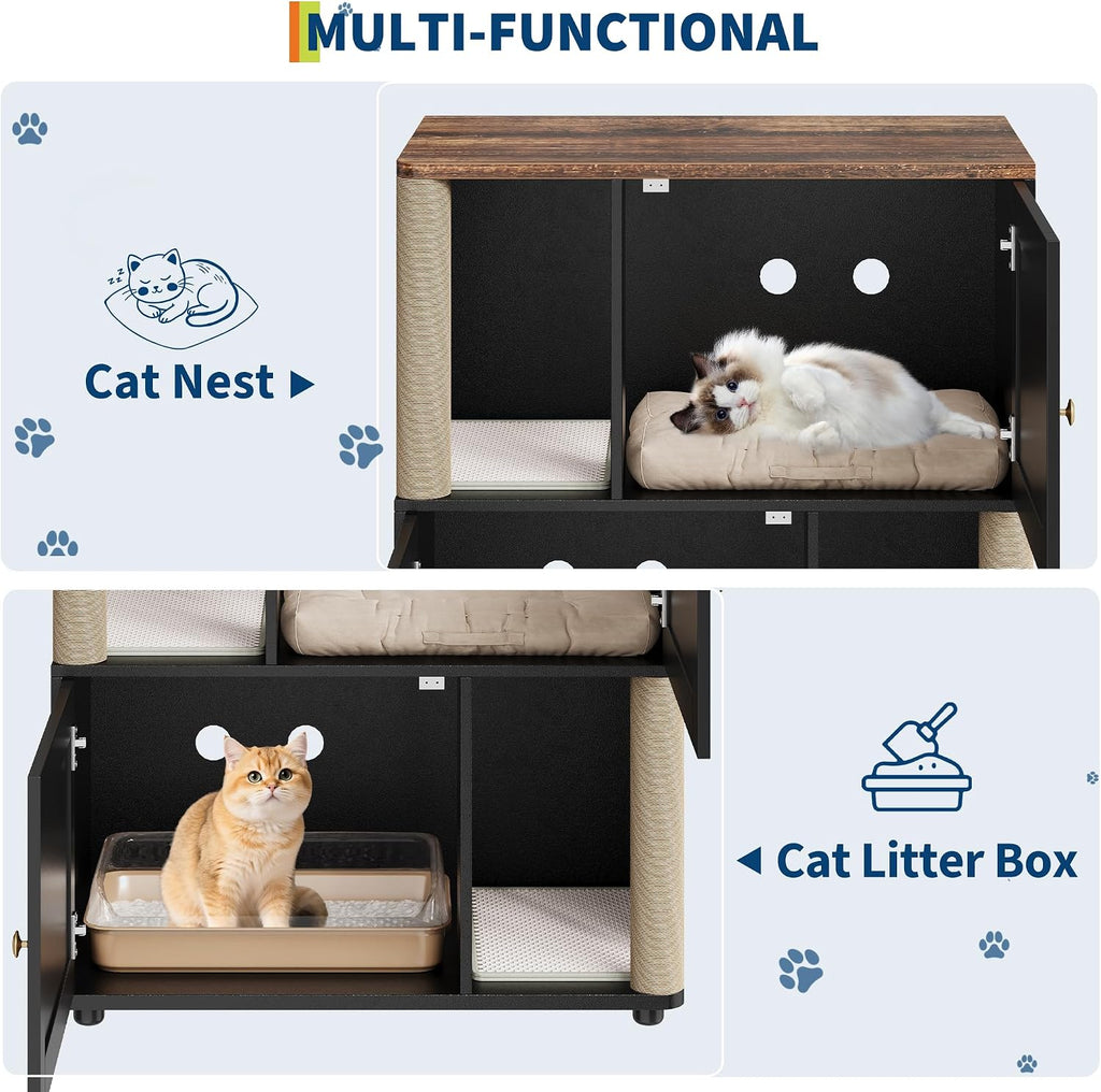 Double Cat Litter Box Enclosure, Litter Box Cabinet for 2 Cats, Large 2-in-1 Hidden Cat Litter Box Furniture