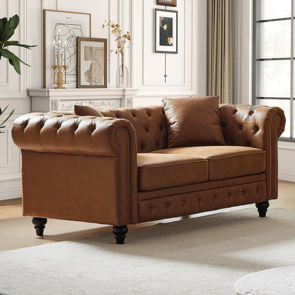Chesterfield Sofa, Loveseat High-Tech Fabric Couch with Pillows & Button Tufted Back, Mid Century Modern Couch with