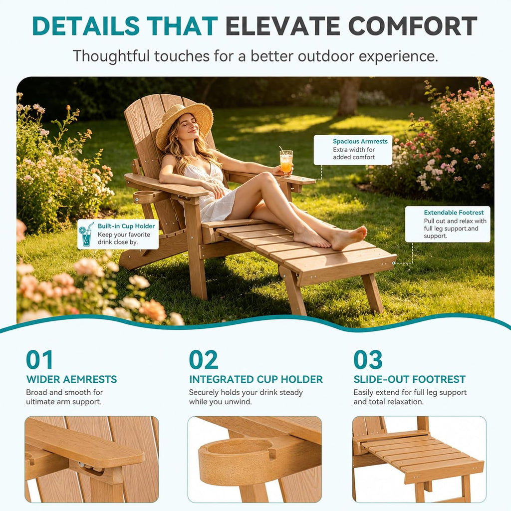 Folding Adjustable Adirondack Chair Set of 2 with Footrest, HDPE Adirondack Chair with Cup Holders & Phone Slot