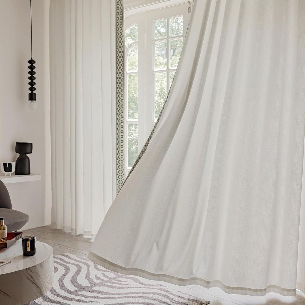 White Colour Linen Curtain Panels with Embroidered Trim Design, Pinch Pleat Curtains, Semi-Sheer Curtains for Sliding