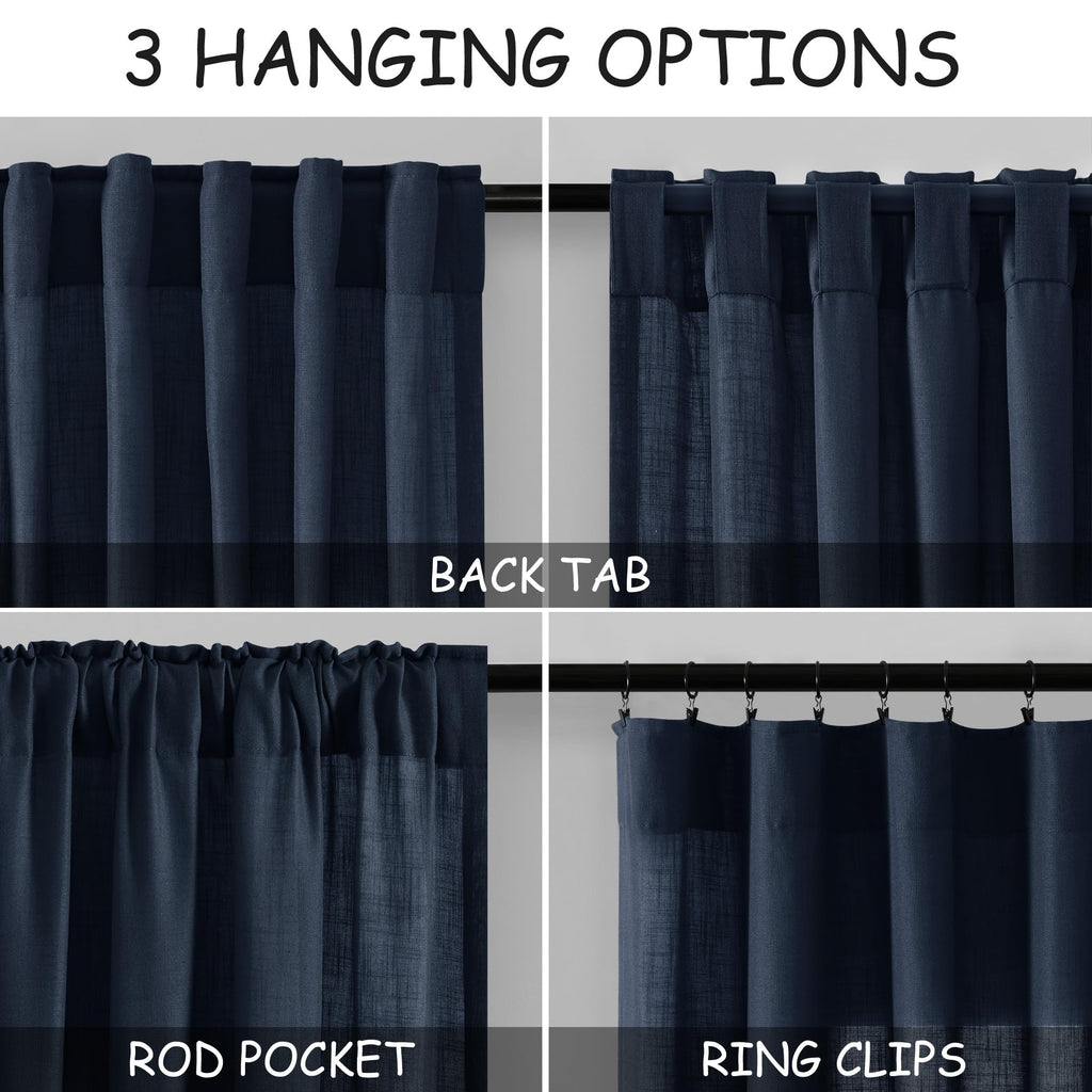 Navy Blue Curtains 80 Inches Length Back Tab Rod Pocket Semi Sheer Linen Drapes Muted Neutral Boho Indigo Blue Linen