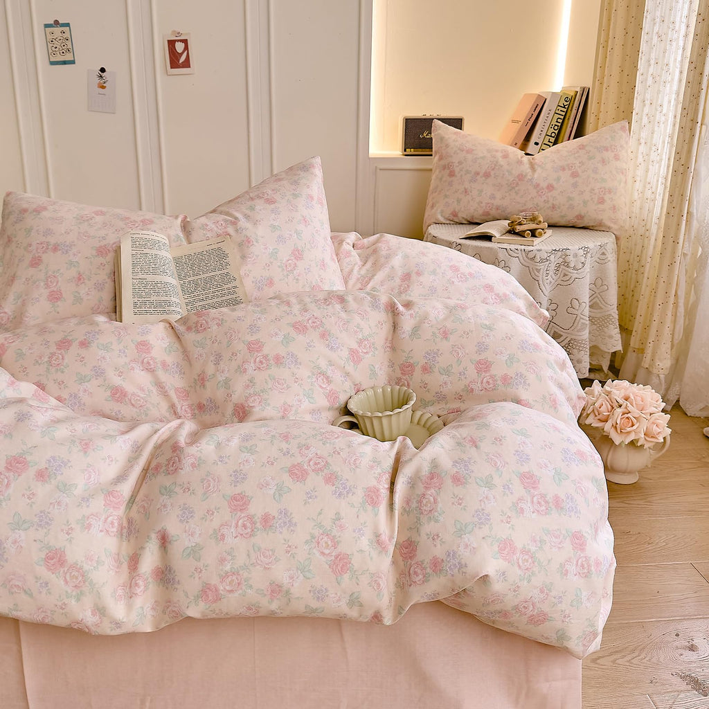 Vintage Floral Duvet Cover Set, Pink Flower Coquette Duvet Cover Muslin Cotton Gauze Bedding Set, Cottagecore