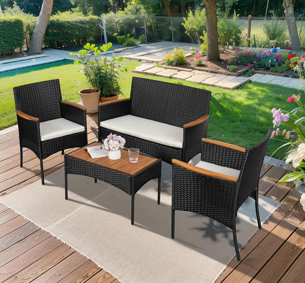 4-Piece Patio Furniture Set, Outdoor Wicker Patio Conversation Furniture Set with Cushions and Wooden Tabletop for