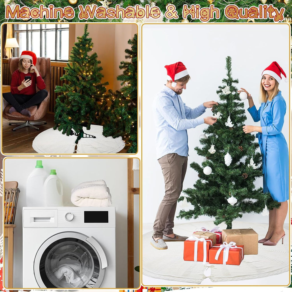 72 Inch Christmas Knitted Tree Skirt Giant White Chunky Xmas Tree Skirt Extra Large Braided Cable Knit Rustic