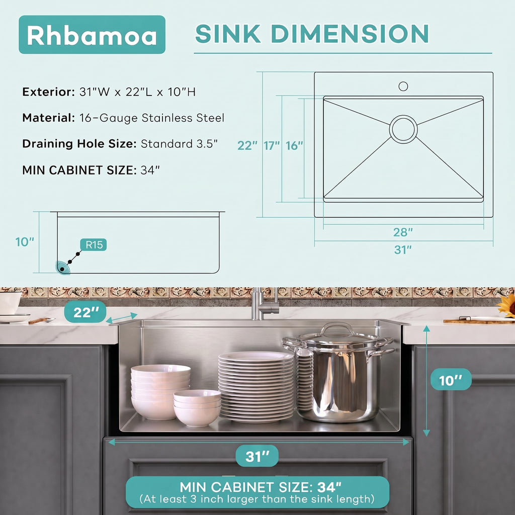 Drop Sink 31 Inch, Single Bowl Handmade Kitchen Sink