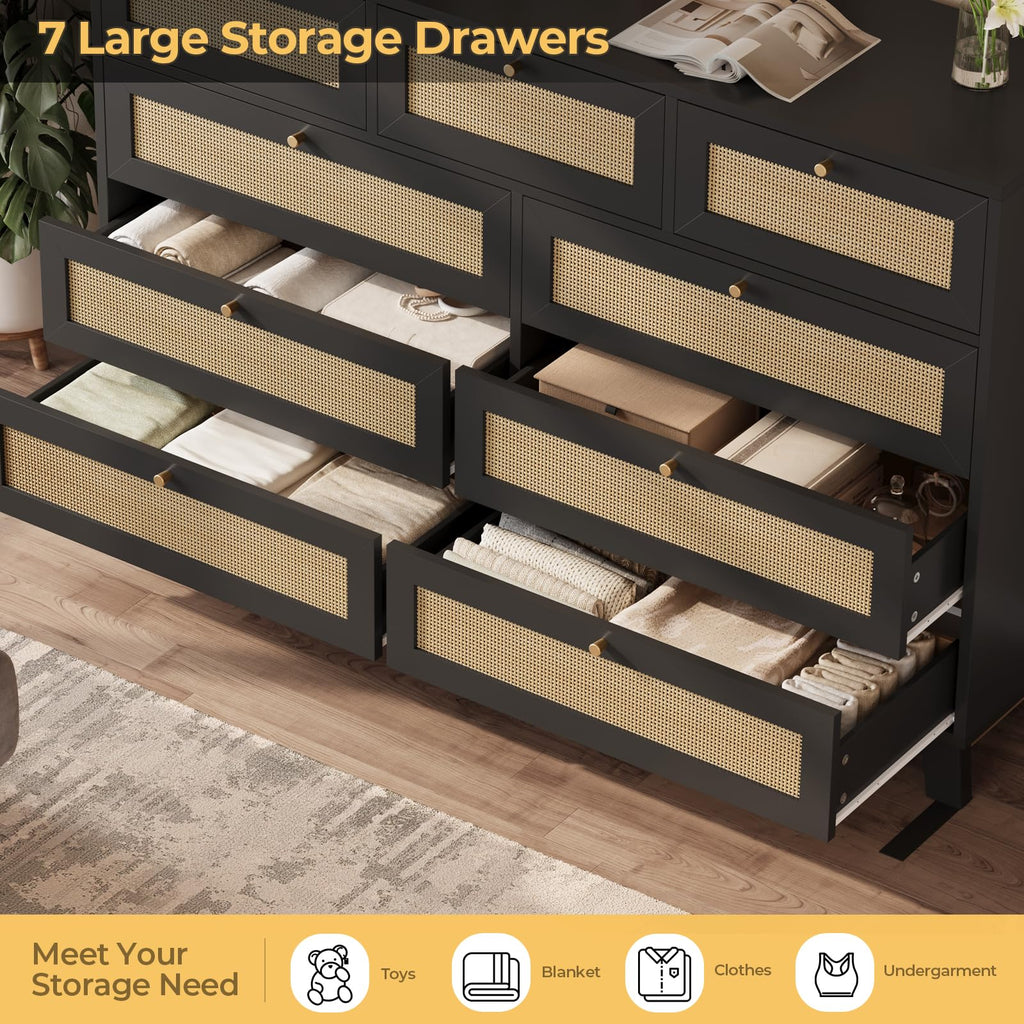 Black Rattan Dresser with 9 Drawer, Modern Double Wooden Long Bedroom Dresser, Chest of Drawers with Metal Handle &