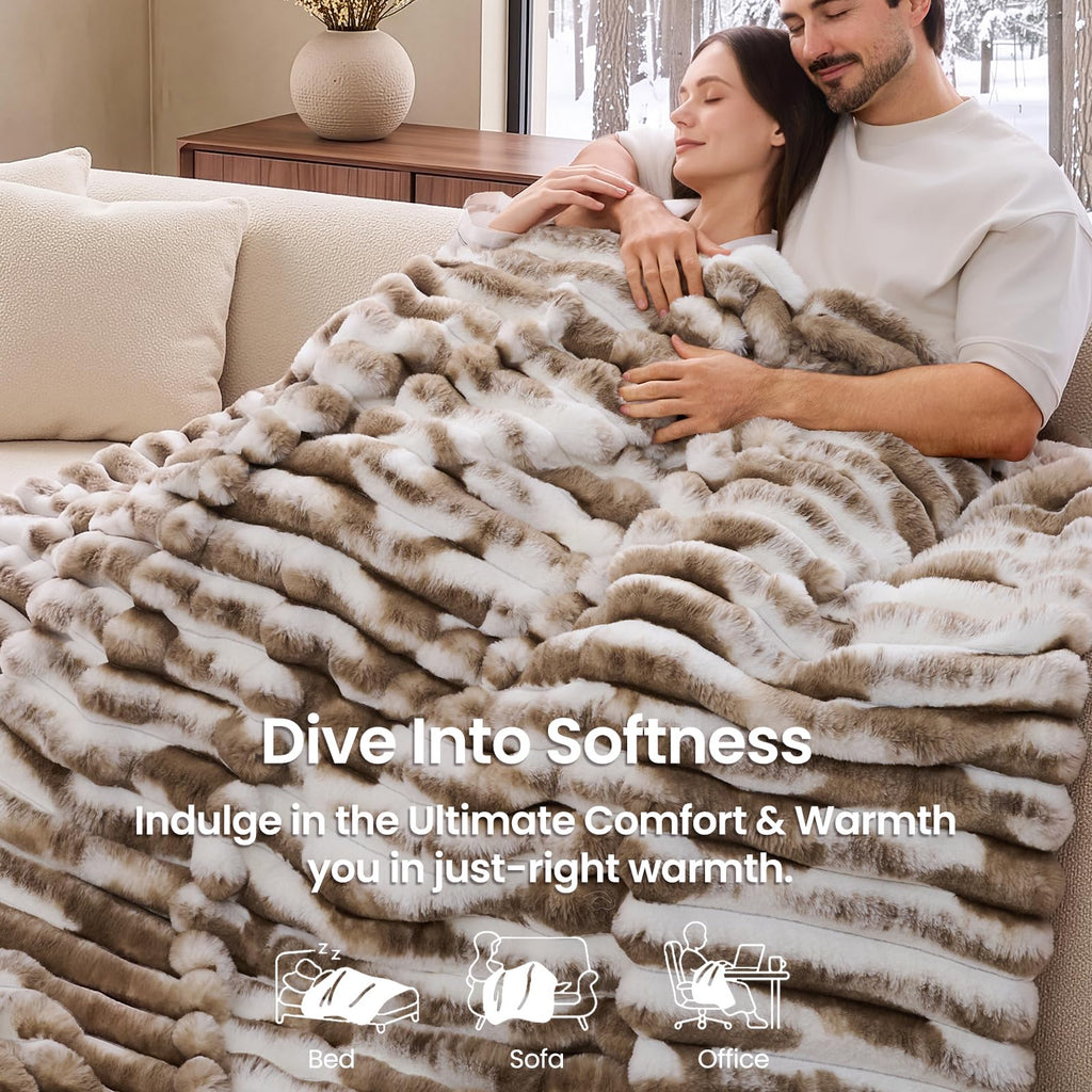 Faux Fur Throw Blanket for Couch, 3D Striped, 50x60 Inches, Taupe