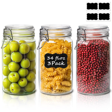 Glass Pantry Jars with Airtight Lids 34 oz 3 Pack Coffee Canisters