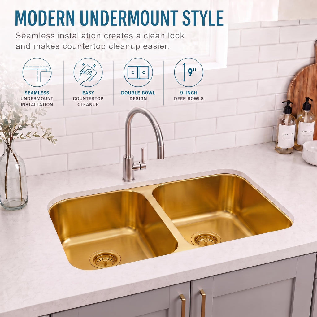 Brushed Gold Kitchen Sink, 32 Inch Undermount Kitchen Sink Gold, Double Kitchen Sink Stainless Steel with Two Sink
