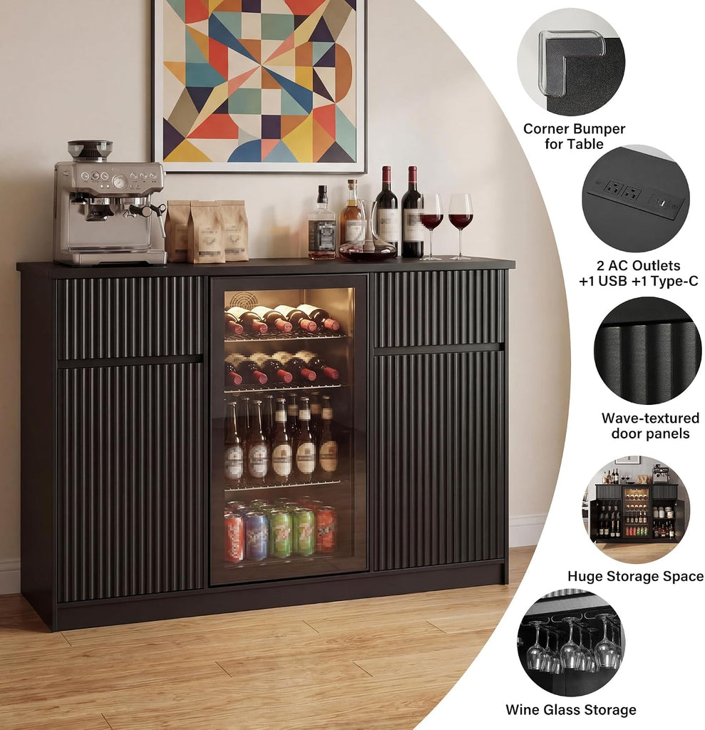 55" Coffee Bar Cabinet with Mini Fridge Space, Charging Station and 2 Drawers, Black